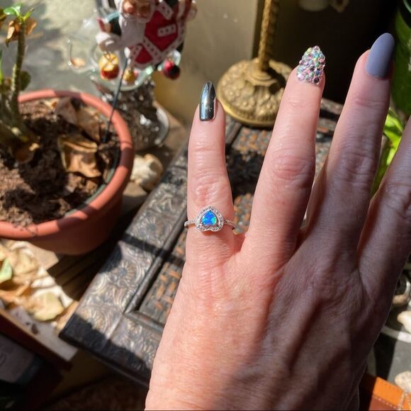 Blue Opal & CZ Heart Sterling Silver Ring size 6 - Picture 7 of 7